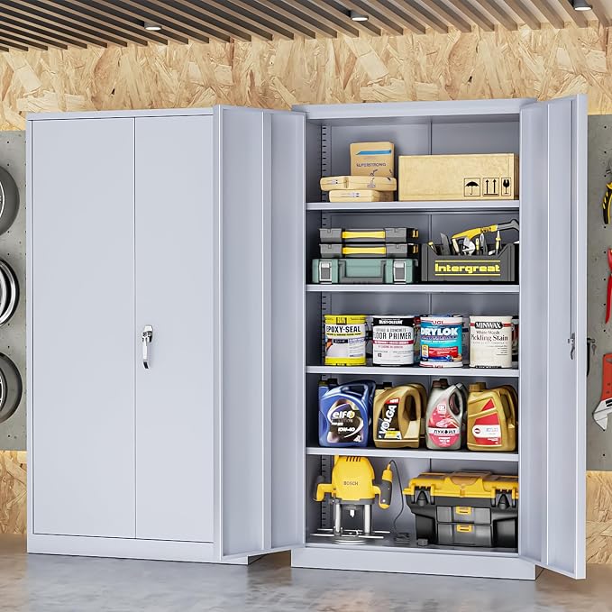 INTERGREAT Metal Storage Cabinet with Doors, 72" Locking Steel Storage Cabinet with Shelves, Tall Metal Cabinet Lockable Steel Cabinets for Home Office, Garage,(Cement)