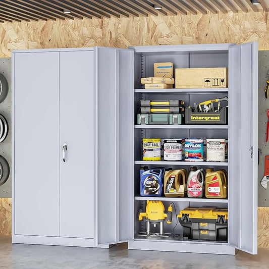 INTERGREAT Metal Storage Cabinet with Doors, 72" Locking Steel Storage Cabinet with Shelves, Tall Metal Cabinet Lockable Steel Cabinets for Home Office, Garage,(Cement)