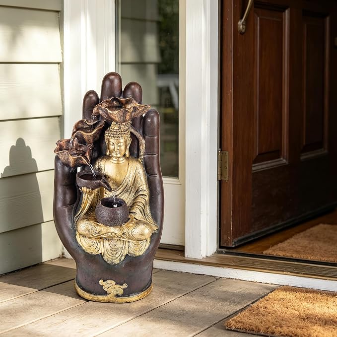 23" H Buddha Water Fountain, Outdoor Buddha Fountain with LED Lighting, Zen Relaxing Waterfall Indoor Fountain for Patio, Porch, or Yard Decor