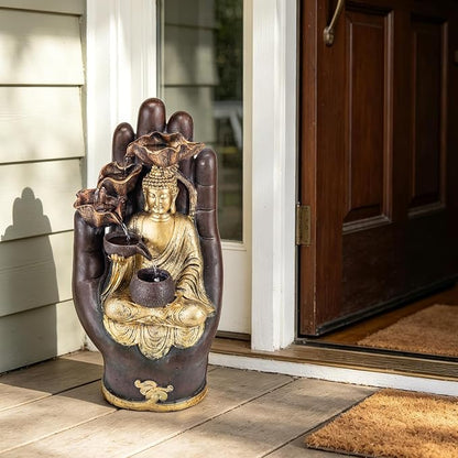 23" H Buddha Water Fountain, Outdoor Buddha Fountain with LED Lighting, Zen Relaxing Waterfall Indoor Fountain for Patio, Porch, or Yard Decor