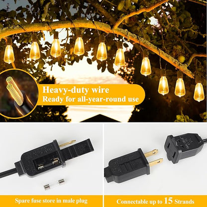 Brightever LED Outdoor String Lights 100FT Patio Lights with 52 Shatterproof 2200K ST38 Vintage Edison Bulbs, Amber Outside Hanging Light Waterproof for Porch, Deck, Garden, Dimmable Amber Lights