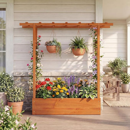 Giantex Wooden Raised Garden Bed with Trellis & Hanging Roof, Fir Wood Planter Box, 45" Freestanding Elevated Garden Bed for Outdoor Climbing Plants Vegetables Flowers, Patio & Balcony, Orange