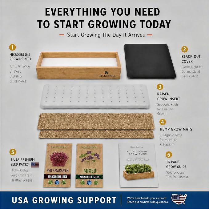 Self Watering Microgreens Growing Kit. Hands Down the Easiest Way to Grow Microgreens. Includes Tray, Seeds, Mats, and Bamboo Surround. Great Gift for Gardeners