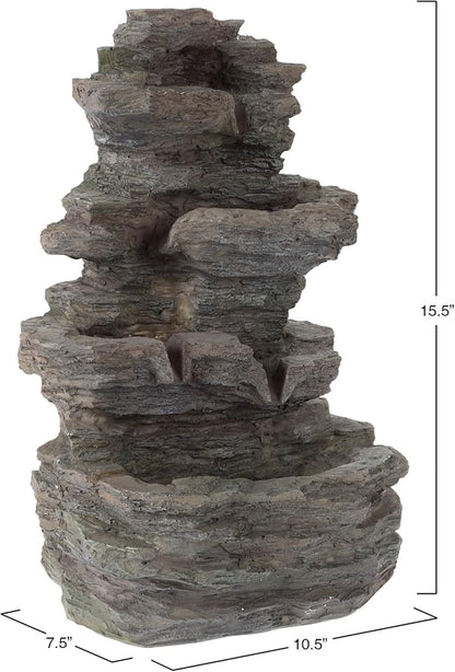 Tabletop Waterfall Fountain with Cascading Rock and LED Lights - Resin Tiered Stones for Office, Patio, and Home Decor by Pure Garden (Gray)