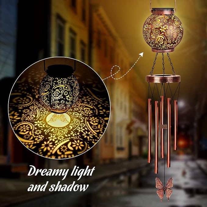 YHmall Solar Wind Chimes for Outside, Butterfly Birthday Gifts for Women Mom, Flower Solar Lantern Windchimes Outdoors, Hanging Memorial Wind Chimes for Garden Decor