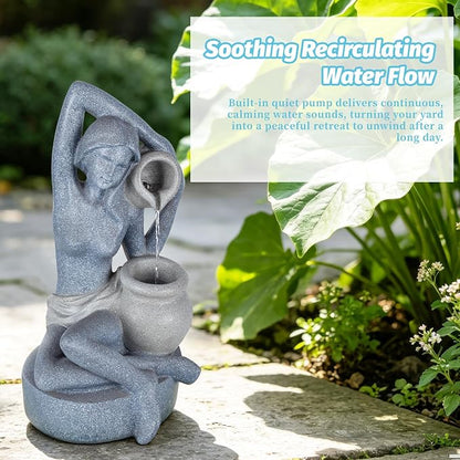 23.6" H Elegant Lady Water Fountain Outdoor, Garden Fountain with LED Light | Artistic Woman Holding Urn Waterfall Feature, Modern Art Fountain for Home, Garden, Patio, Living Room, Gift for Men & Women
