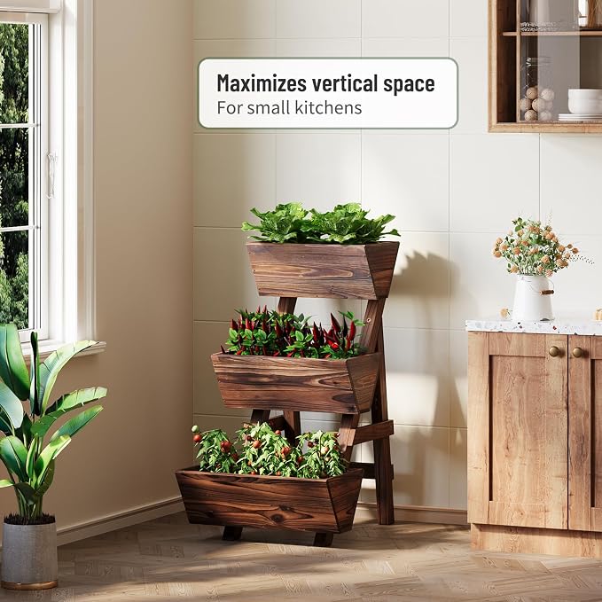 3-Tier Vertical Wooden Raised Garden Bed, Freestanding Garden Planter Box, Wood Flower Rack, Planter Box for Herbs, Vegetables, Outdoor Indoor Use, Small-Carbonized
