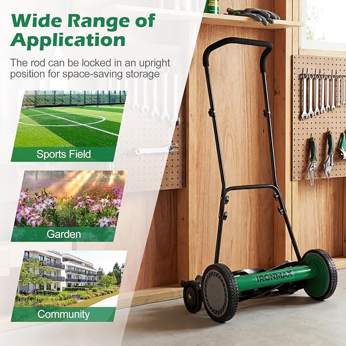 IRONMAX 18 Inch 5-Blade Push Reel Lawn Mower, 9-Level Adjustable Cutting Heights, Removable Grass Catcher, Lightweight No Motor Walk-Behind Manual Grass Cutter for Garden Yard Park (Green, 18 Inch)