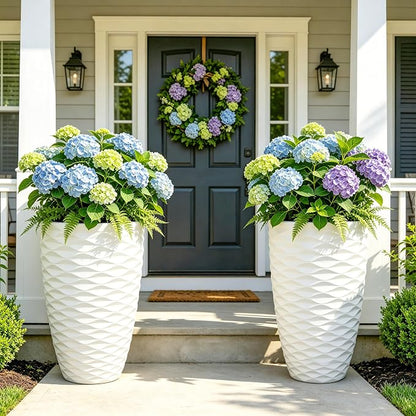 2-Pack 19" White Resin Tall Outdoor Planters with Wave Texture | High-density resin planters with Nordic wave texture, drainage holes, and weather-resistant finish for porch or patio