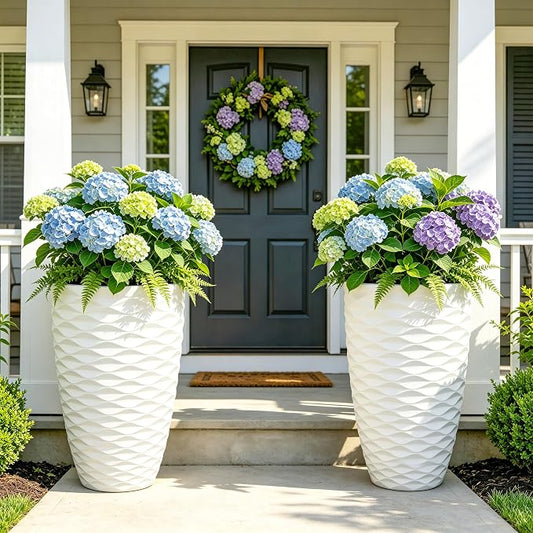 2-Pack 19" White Resin Tall Outdoor Planters with Wave Texture | High-density resin planters with Nordic wave texture, drainage holes, and weather-resistant finish for porch or patio