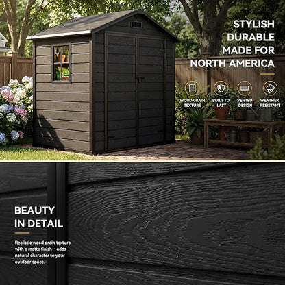 DWVO 6X5FT Resin Storage Shed with Reinforced Floor, Outdoor Storage Shed with Lockable Door, Window and Vents, Waterproof Plastic Tool Shed for Garden, Backyard, Patio, Lawn