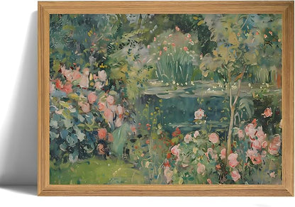 smvexyl Framed Cottage Garden Floral Landscape Wall Art, Vintage Rose Garden Pond Painting Canvas, Rustic Botanical Nature Decor, Farmhouse Style Home Wall Art for Living Room Bedroom Bathroom, 24x16 Inch