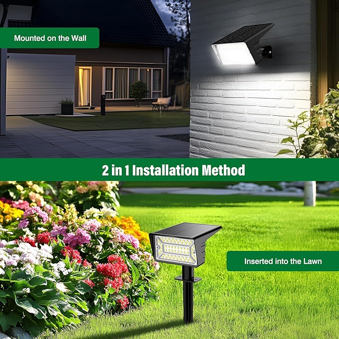 Solar Spot Lights Outdoor with 60 LED & Auto On/Off, 4 Pack Solar Lights Outdoor Waterproof IP68 with 3 Lighting Modes, 2-in-1 Solars Landscape Light for Outside, Garden, Yard(Cool White)