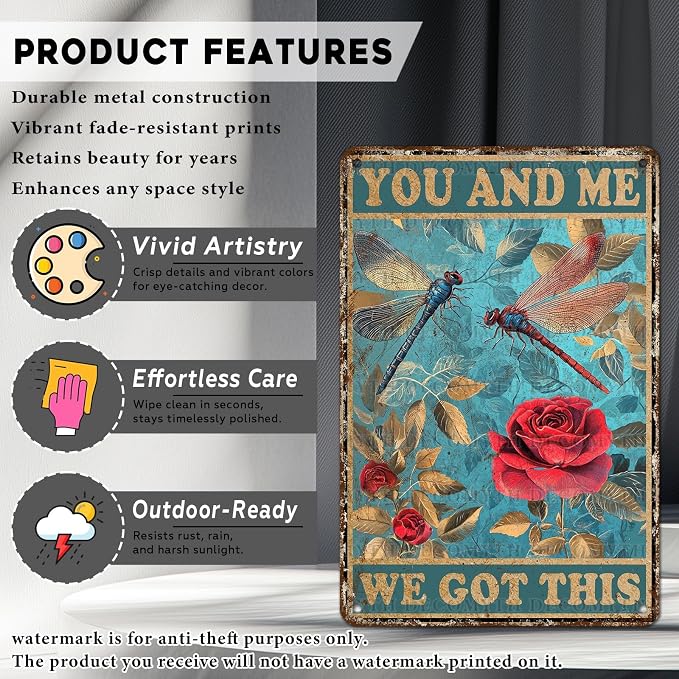 Metal Tin Sign Vintage Retro Wall Decor Roses Garden Dragonfly Tin Sign You and Me We Got This for Home Garden Greenhouse Living Room Bedroom Outdoor Decor 12 * 8inch