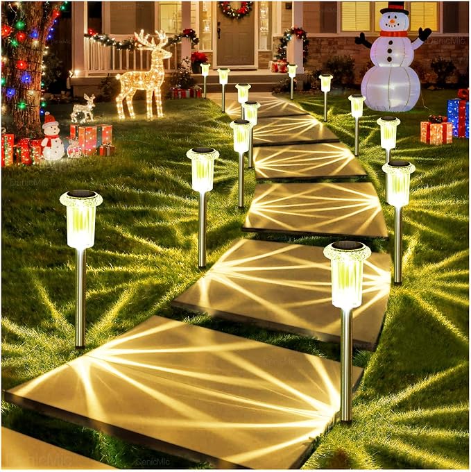 DenicMic Solar Garden Lights Outdoor Waterproof 10Pack 3000K Warm White LED | Pathway Walkway Driveway Yard Garden Decor for Outside Starburst Light Pattern, Diamond-like Lampshade Stainless Steel Pole