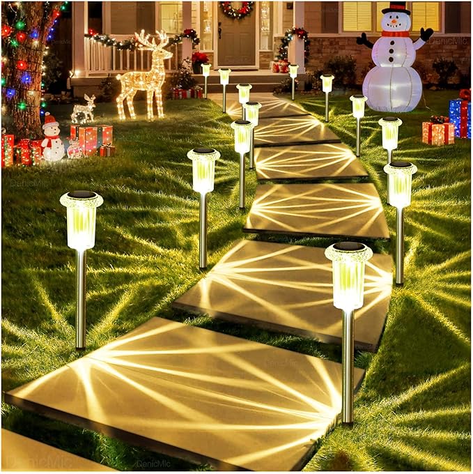 DenicMic Solar Garden Lights Outdoor Waterproof Warm White LED 15 Pack | Yard Garden Driveway Walkway Landscape Path Lights, Starburst Pattern, Acrylic Diamond-like Lampshade Stainless Steel Pole