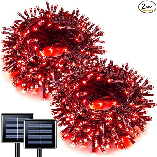 JMEXSUSS 2 Pack Solar Halloween Lights, Total 200LED Red String Lights | Outdoor Waterproof, 66FT 8 Modes Solar Christmas Lights for Outside Patio Christmas Tree Garden Yard Xmas Decorations