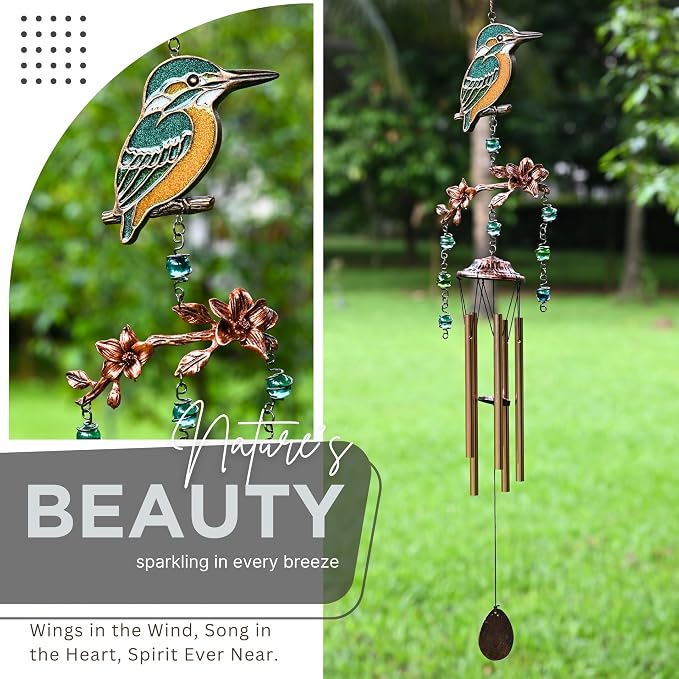 Wind Chimes - Wind Chimes for Outside Deep Tone 32 inches 5 Aluminum Tubes, Birthday, Memorial, Gifts for Mom, Grandma, Daughter, Decoration for Home, Garden, Patio, Backyard (32" Kingfisher)