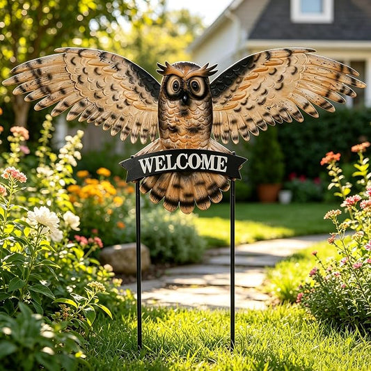 Decorative Garden Stakes Large Vintage Owl with Welcome Sign for Front Door 37.2W*35.2H, Metal Yard Art Oversized Rustic Lawn Ornaments Outdoor Decor for Mothers Day Garden Gifts