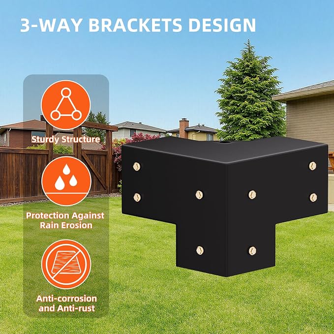 Pergola Brackets Kit 4x4 (Inner Size 3.7x3.7), 4 Pack 3-Way Heavy Duty 90° Right Angle Corner Brackets for DIY Woodworks, Easy Install Pergola Kit for Patio, Gazebos, and Outdoor Structures