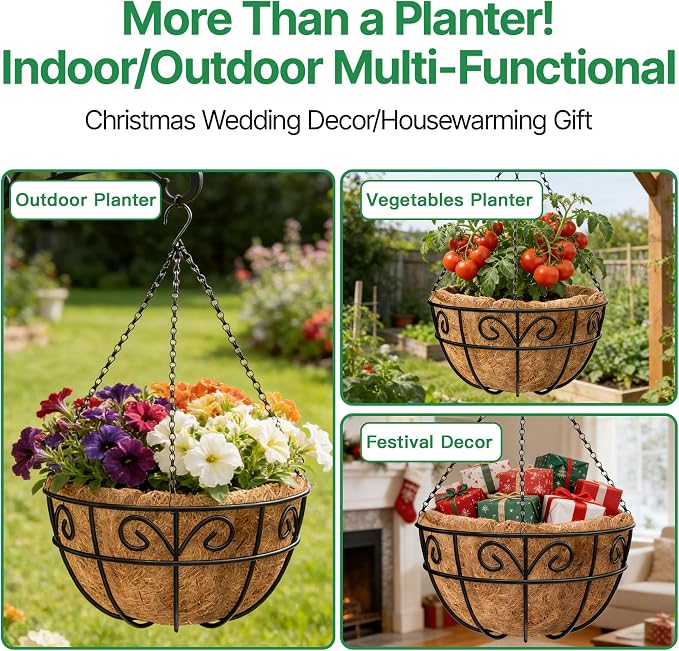 Amagabeli 4 Pack 14 Inch Metal Hanging Baskets Planter Outdoor Round Wire Hanging Basket for Plants with Coco Fiber Liners Chain Plant Holder for Garden Patio Deck Porch Plants Vegetables Flower Pots