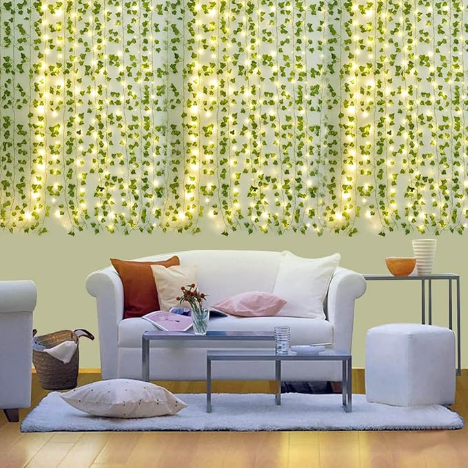 DEKEones 12 Packs Artificial Ivy, 84FT Garland Hanging Plants Fake Vines with 200 LED String Light for Bedroom Wedding Party Garden Wall Room Home Decor
