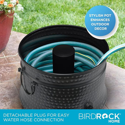 BIRDROCK HOME Decorative Water Hose Holder Pot with Lid | Holds 200ft Hose | Hammered Charcoal Exterior | Ground Garden Hose Box | Handles | Metal Hider | Outdoor or Indoor Use