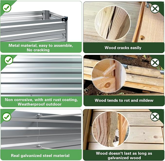 2PCS 10x3x1ft Galvanized Raised Garden Bed Kit,Gardening Planter Box | Outdoor Elevated Metal Planter Box For Vegetables, Flowers, Herbs, Anti-Rust Galvanized Steel, Open Drainage, Sturdy (Silver)