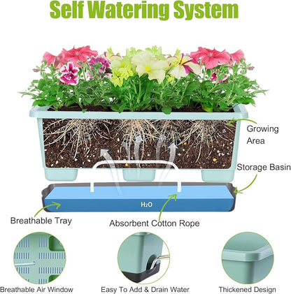 Oliz Window Box Planter 8 Pcs, 17 Inches Rectangle Flower Pots with Drainage Holes & Trays, Vegetable Planters for Windowsill Patio Garden Balcony Home Indoor Outdoor (Green, 16 * 7 * 6 inch)