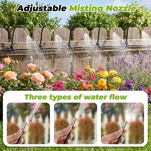 200FT 1/4" Drip Irrigation System Kit with 32pcs 360° Adjustable Copper Nozzles, Quick-Connect Watering & Misting System for Garden, Greenhouse, Lawn, Raised Beds, Potted Plants & Yard