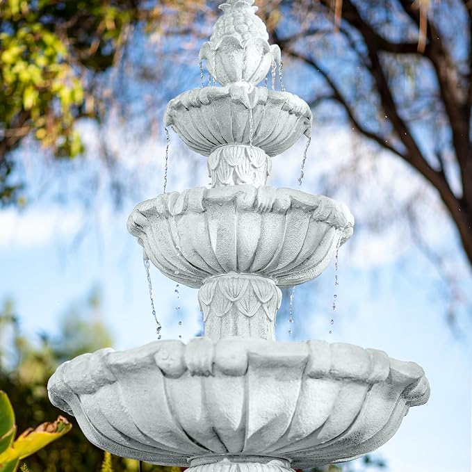 XBrand 58.3" 3-Tier Outdoor Freestanding Water Fountain - Classic Leaf Design, White Resin, Large Bird Bath with Pump - Ideal for Yard, Lawn and Garden, Porch Décor