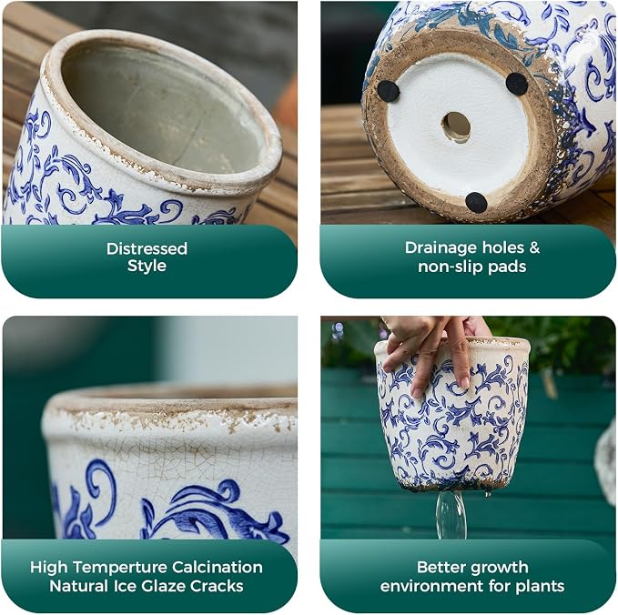 Vintage Ceramic Planter with Drainage Hole, Plastic Tray & Mesh, 5.5 Inch - Indoor/Outdoor Flower Pot, Blue Floral Rustic Farmhouse Design Plant pot for Home, Office & Garden Décor, Ideal Gift