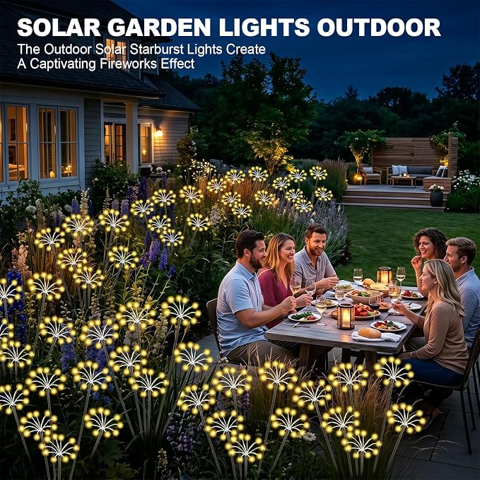Solar Garden Lights Outdoor, 2 Pack New Upgraded Solar Swaying Starburst Light, Waterproof Fireworks Solar Lights, Yard Patio Pathway Decoration, Warm White