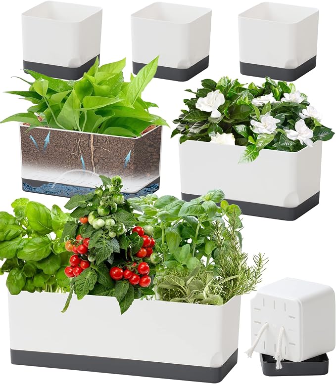 Self Watering Planters Pots for Indoor Plants, 7 Pack 4+8+17 Inch Plastic Window Boxes Planters Herb Planter, Rectangle Rectangular Planter Windowsill Planters with Drainage and Saucer