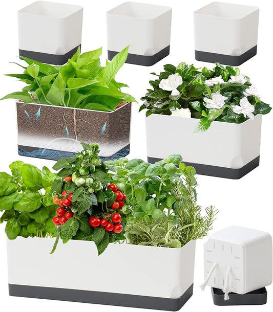 Self Watering Planters Pots for Indoor Plants, 7 Pack 4+8+17 Inch Plastic Window Boxes Planters Herb Planter, Rectangle Rectangular Planter Windowsill Planters with Drainage and Saucer