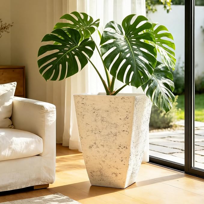 Autodaya 19" Country White Square Tall Planters Set of 2 with Drainage Hole | Handmade Birch Bark Texture, Large Indoor and Outdoor Flower Pots for Front Porch, Garden, Patio, or Entryway Decor
