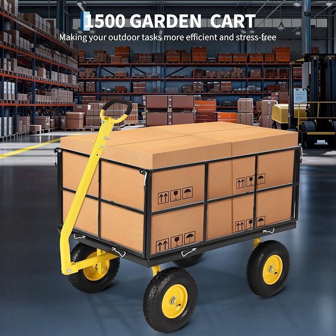Heavy Duty 1500 Lbs Capacity Mesh Steel Garden Cart Folding Utility Wagon with Removable Sides, Garden Cart on Wheels for Gardening Soil, Tools, and Plant Transport