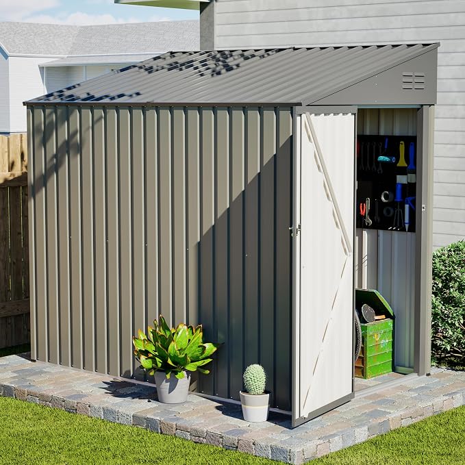 YOPTO 4x7 FT Outdoor Storage Shed,Metal Lean to Storage Shed with Reinforced Beams,All Weather Waterproof Garden Tool House W/Lockable Door & Reversible Installation,for Backyard,Patio,Lawn,Olive Gray