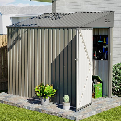 YOPTO 4x7 FT Outdoor Storage Shed,Metal Lean to Storage Shed with Reinforced Beams,All Weather Waterproof Garden Tool House W/Lockable Door & Reversible Installation,for Backyard,Patio,Lawn,Olive Gray