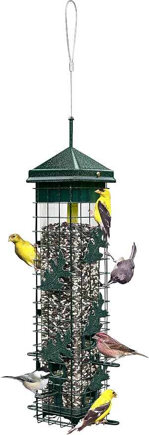 Squirrel Solution200 Squirrel-proof Bird Feeder w/6 Feeding Ports, 3.4-pound Seed Capacity, Free Seed Funnel | Powder-Coated Metal Shroud, Spring-Loaded Weight-Closing, Polycarbonate Tube, Includes Seed Funnel