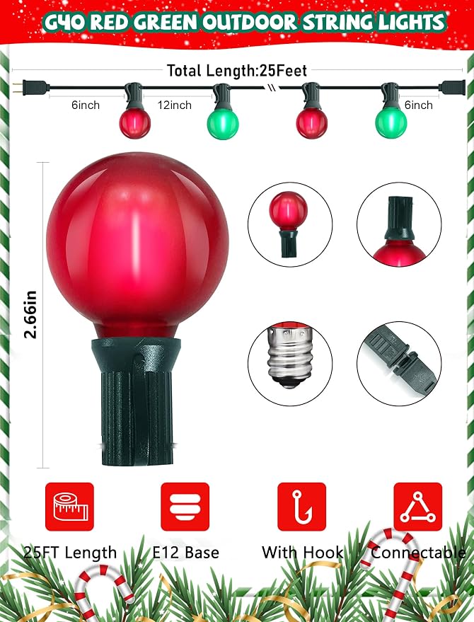 G40 LED Outdoor Christmas String Lights, 25FT Hanging Globe String Light | 25+2 Shatterproof Frosted Red Green Lights, Connectable, Waterproof Patio Lights for Balcony Pergola Decor, Green Wire