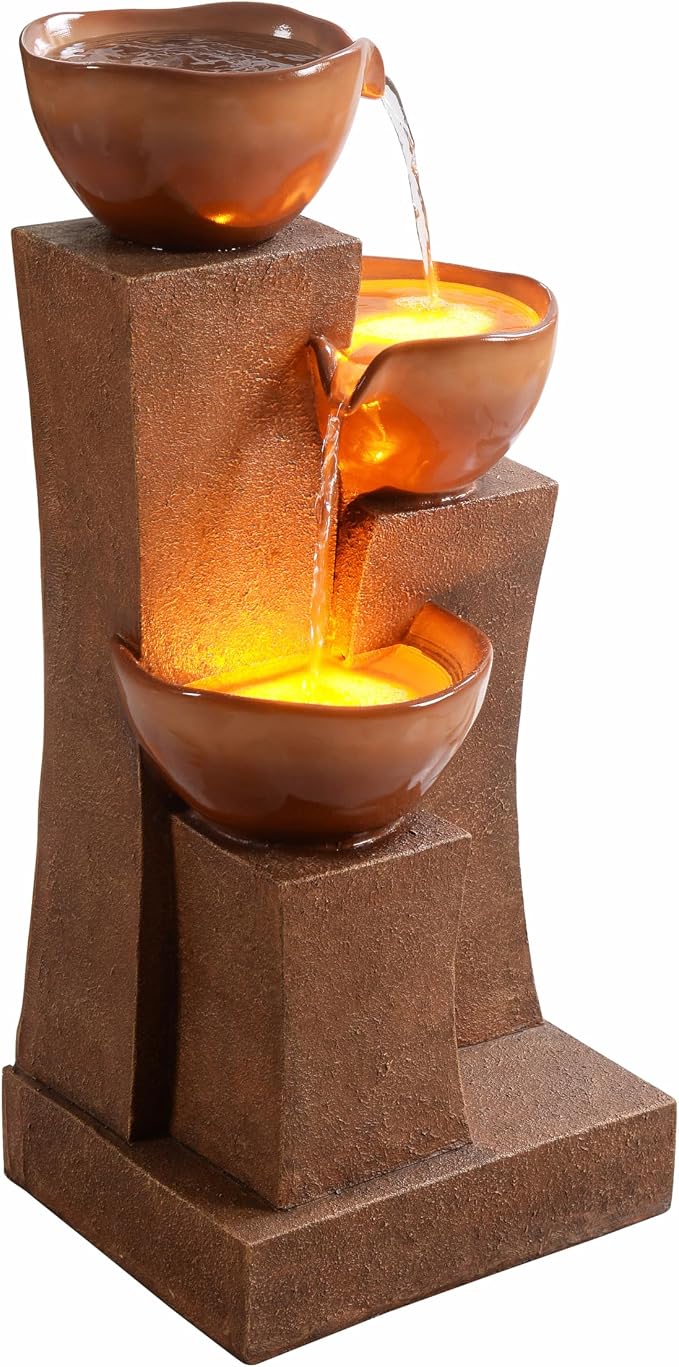 Teamson Home 28.54 in. 3-Tier Cascading Outdoor Water Fountain, Brown | LED Lights, For Gardens, For Landscaping, For Patios, For Balconies