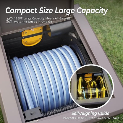 Relhost Electric Hose Reel Box, Heavy Duty Metal Deck Box Holds 125 ft x 5/8" Hose, Never-Leak System, Automatic Recycling, Compatible with Dewalt 20V MAX Batteries (Not Included)