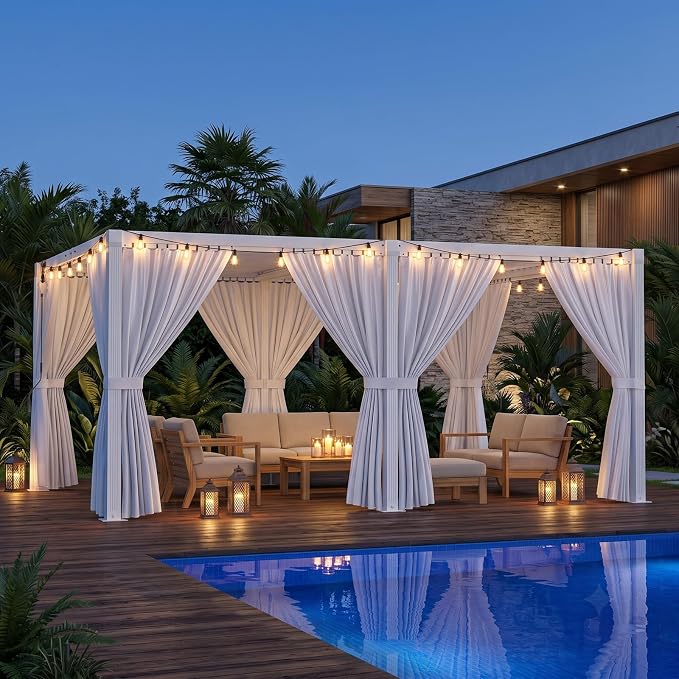 Louvered Pergola 12'x16' Outdoor Pergola with Roof, Heavy Duty Aluminum Frame & Waterproof Curtains, Hardtop Gazebo with Adjustable Louvers for Patio, Deck and Backyard, White