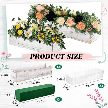 Dandat 4 Set Wood Boxes for Centerpieces 16x4 Inch Rectangle Wooden Planter Box Rustic Wooden Planters with Removable Plastic Liner Floral Foam Blocks for Christmas Wedding Home Garden Decor(White)