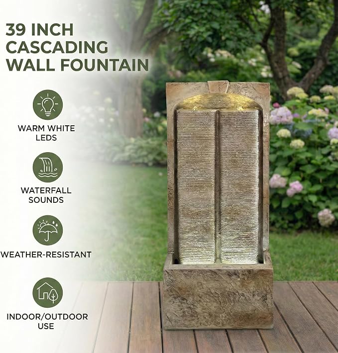 39" Outdoor Water Fountain with Pump, Outdoor Fountain with Warm White LED Lights, Modern Outdoor Cascading Freestanding Fountain, Weather-Resistant Garden Water Feature, Brown