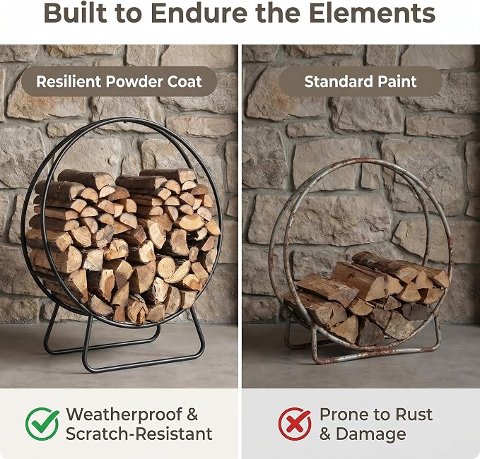 Firewood Rack Outdoor, 24 Inch Round Firewood Storage Log Rack with Arrow Style, Wood Rack for Indoor Fireplace & Balcony (Black)