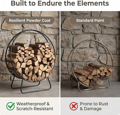 Firewood Rack Outdoor, 24 Inch Round Firewood Storage Log Rack with Arrow Style, Wood Rack for Indoor Fireplace & Balcony (Black)