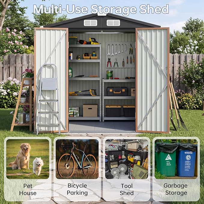 6x4FT Outdoor Storage Shed with Floor Brown | Metal Garden Tool Shed with Sloping Roof & Lockable Door for Patio Lawn Backyard