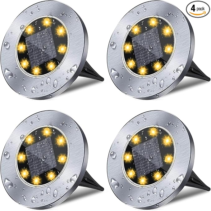 Rayolon Solar Ground Lights, Waterproof Solar Garden Lights, Upgraded Outdoor Garden Waterproof Bright in-Ground Lights, Landscape Lights for Pathway,Yard,Deck,Lawn,Patio,Walkway (4 Pack Warm Light)